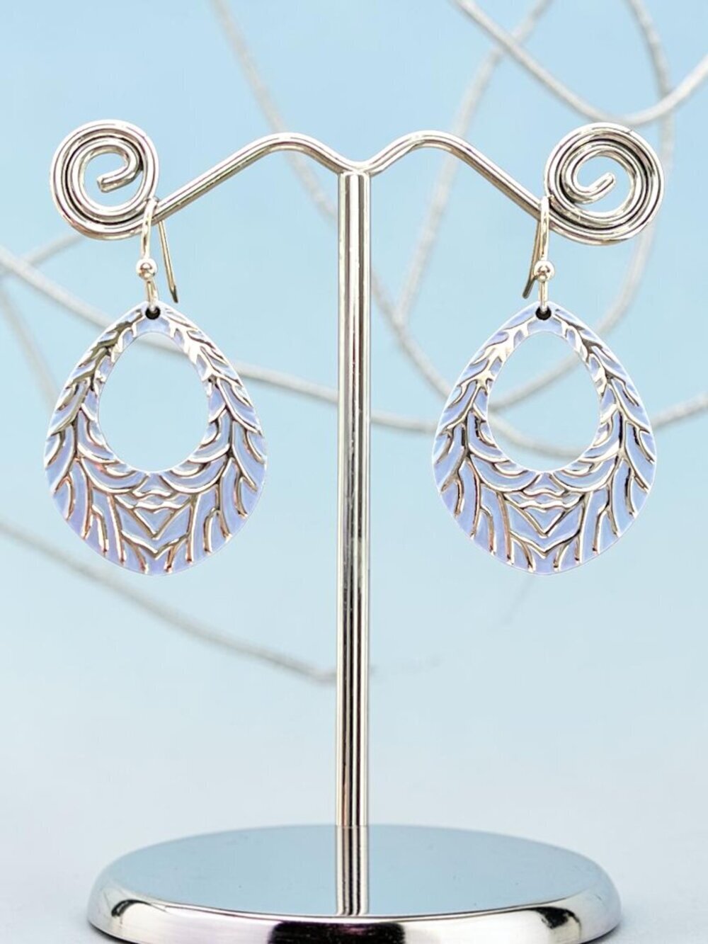 Blue Feather Teardrop Drop Earrings | Silver Tone - Picture 6 of 6